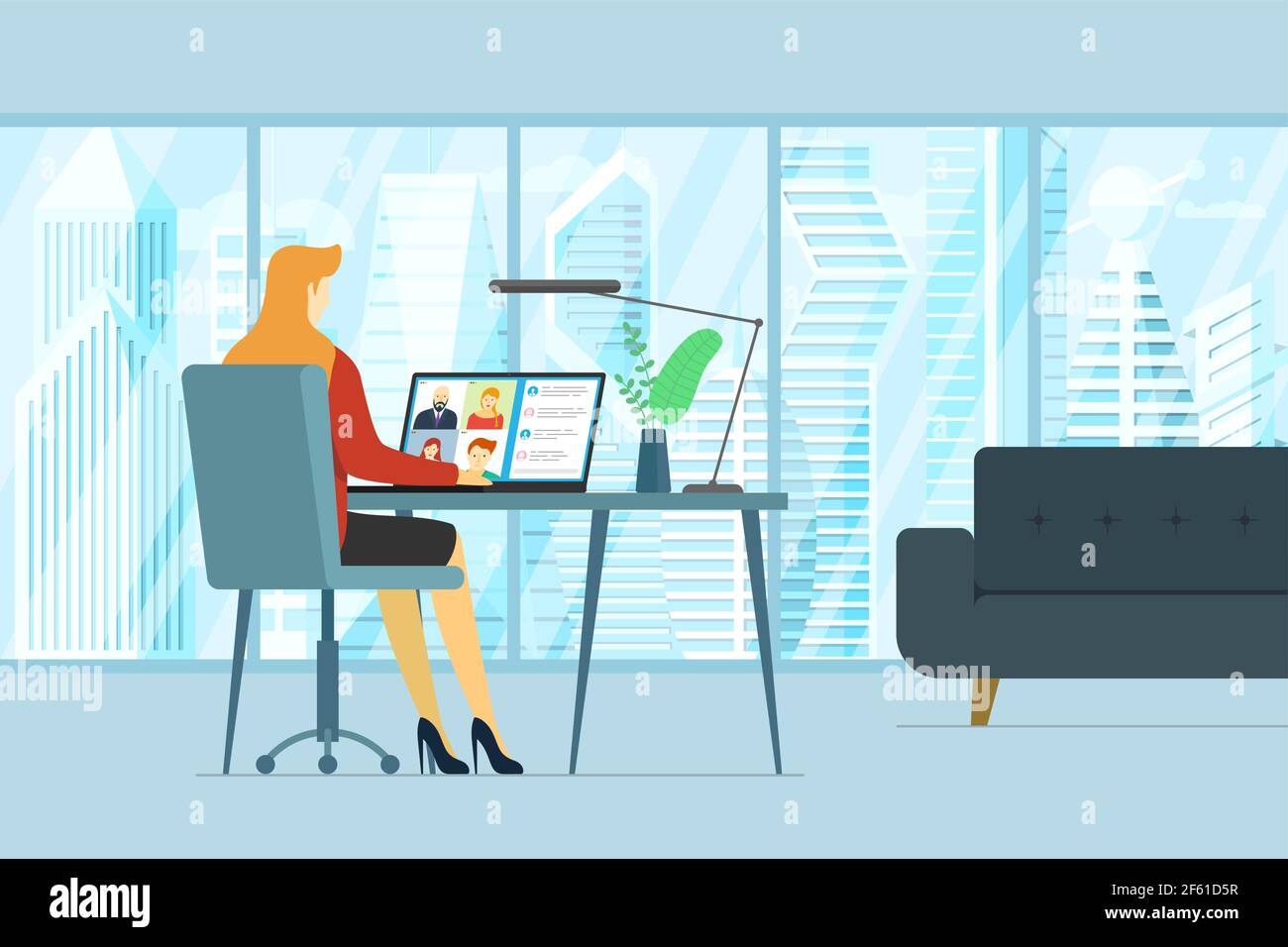 Woman in office and people group on laptop screen taking part online conference. Virtual work meeting and distance education webinar or videoconferencing. Company web video conferencing communication Stock Vector