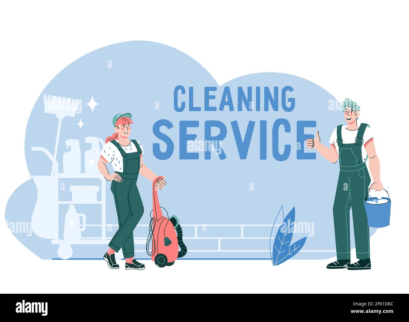 Cleaning service banner with man and woman dressed in uniform, flat ...