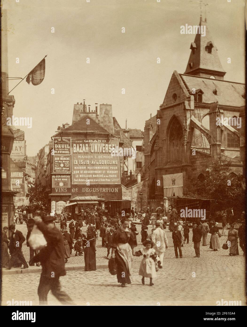 Place Saint-Médard, Paris, France, circa 1900 by Eugene Atget.  Eugène Atget, full name Jean-Eugène-Auguste Atget, 1857 - 1927.  French photographer, famed for his decades long work to document the architecture and aura of Paris before all was lost to modernisation. Stock Photo