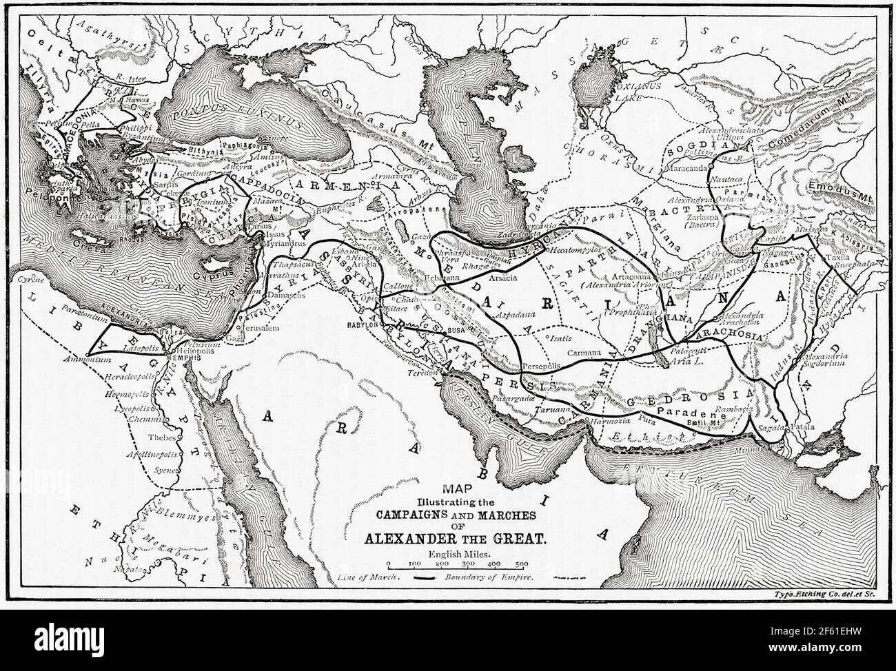 Map illustrating the campaigns and marches of Alexander the Great.  From Cassell's Universal History, published 1888. Stock Photo