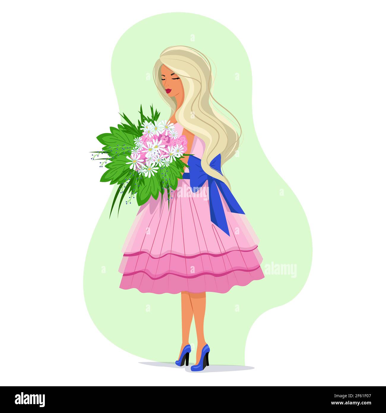 Girl in a pink dress holding a lush bouquet of daisies in her hands, long blond hair fluttering in the wind, vector in flat style, cute spring Stock Vector