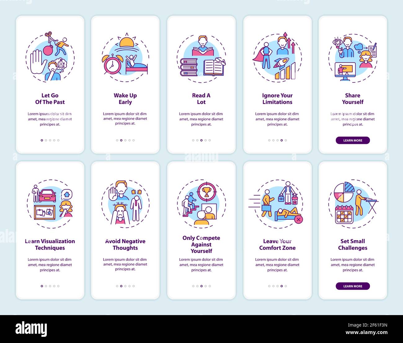 Self-development tips onboarding mobile app page screen with concepts set Stock Vector