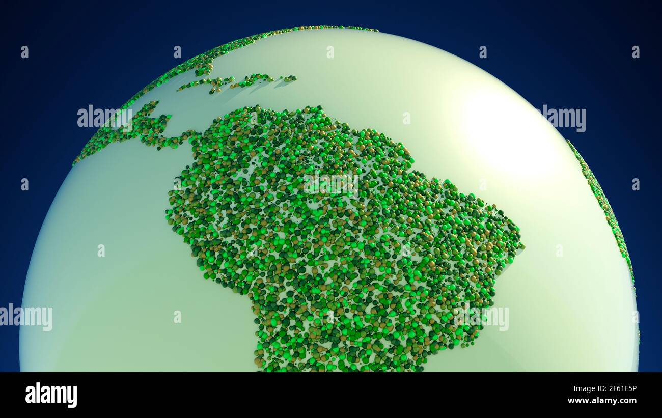 Satellite view of the Amazon rainforest, map, states of South America. Forest deforestation. Climate change and global warming. Abstract map, circles Stock Photo