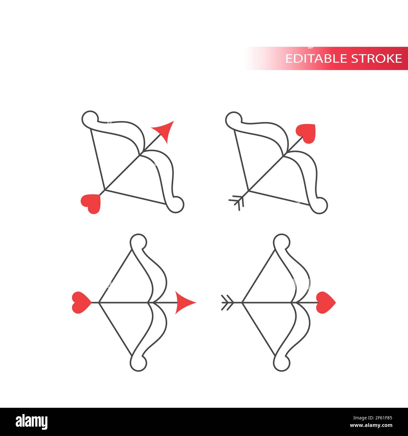 Bow and arrow with heart line vector icon. Cupid outline symbol, editable stroke. Stock Vector