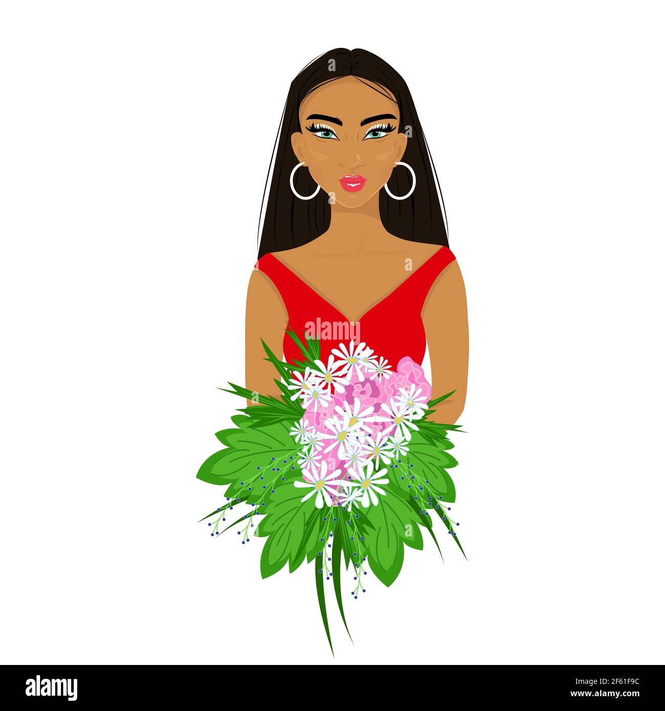 Girl in red with a bouquet of flowers in her hands, pretty afro woman with makeup, beautiful female avatar, vector illustration in flat style. Stock Vector