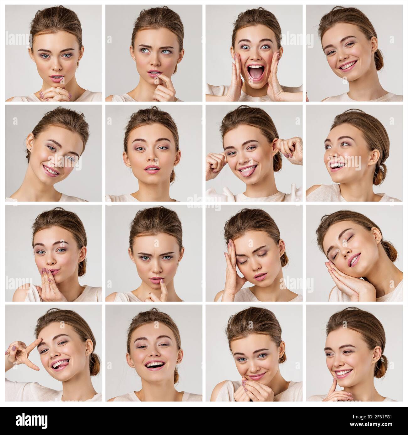 Collage of beautiful woman with different facial expressions Stock Photo