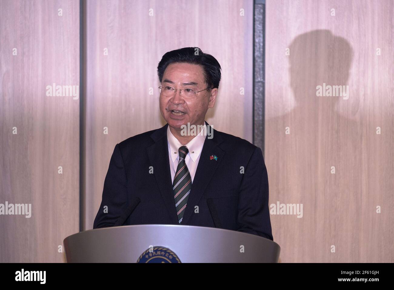 Taipei, Taiwan. 29th Mar, 2021. Joseph Wu, Taiwanese Minister of Foreign Affairs speaks during a press conference held by the Taiwanese ministry of foreign affairs (MOFA) Taipei.Palau President is in Taiwan for a five-day visit from 28 March to 01 April to launch a 'travel bubble', allowing travel between Taiwan and Palau with fewer COVID-19 restrictions. (Photo by Walid Berrazeg/SOPA Images/Sipa USA) Credit: Sipa USA/Alamy Live News Stock Photo