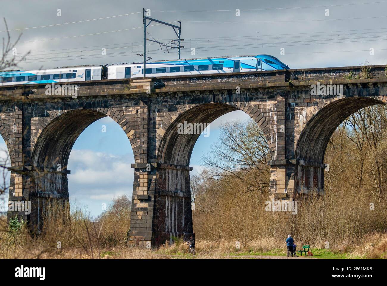 A TPE train crossing the Sankey viaduct at Earlestown over the Sankey Valley. Stock Photo