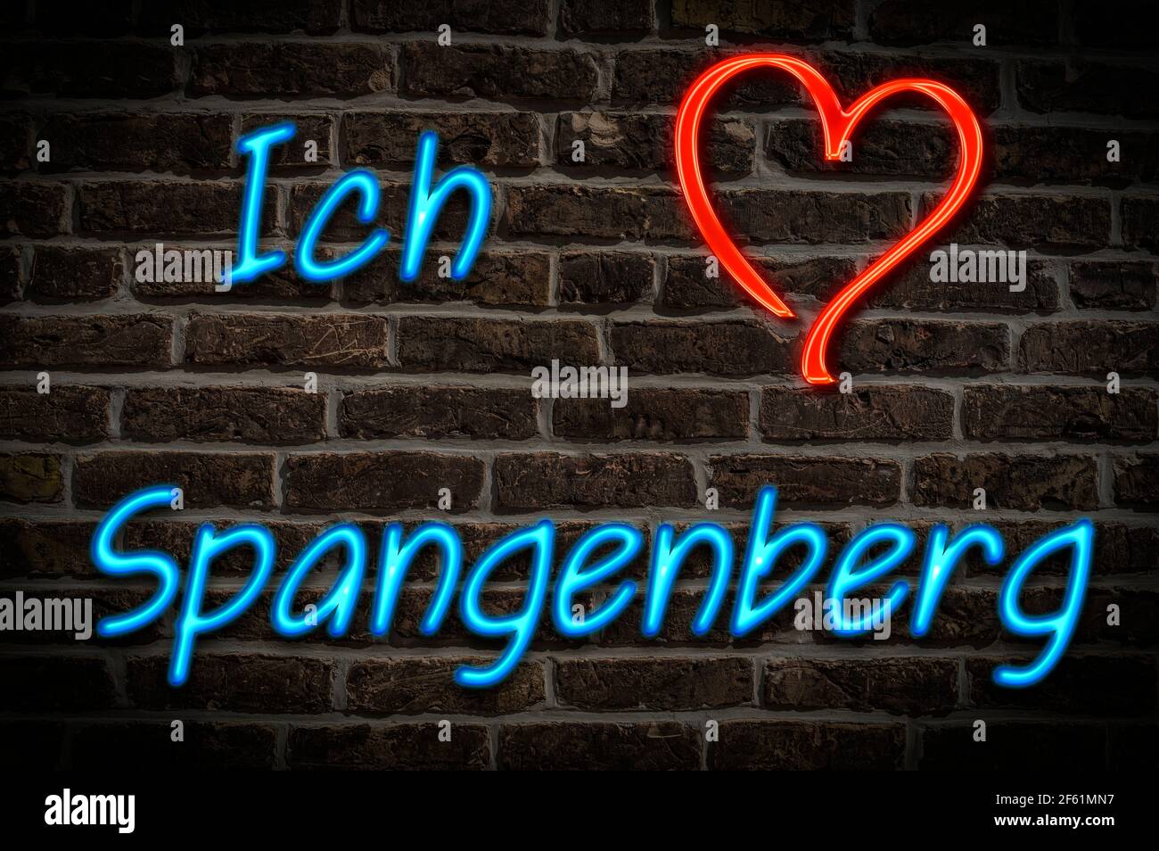 Leuchtreklame, Ich liebe Spangenberg, Hessen, Deutschland, Europa | Illuminated advertising, I love Spangenberg, Hesse, Germany, Europe Stock Photo