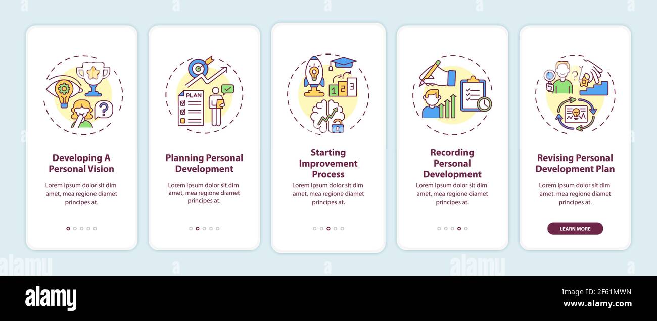 Personal development steps onboarding mobile app page screen with concepts Stock Vector