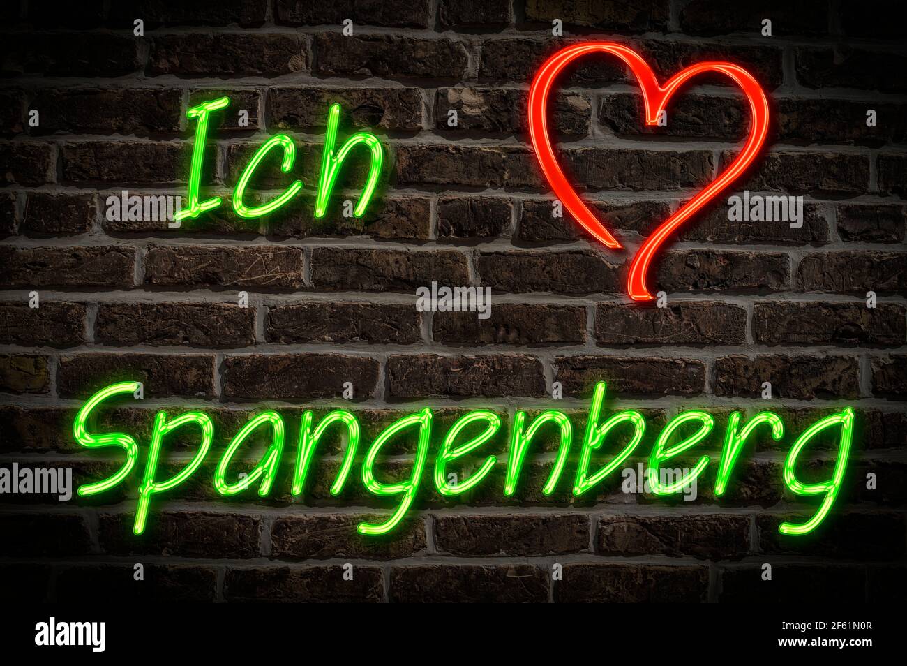Leuchtreklame, Ich liebe Spangenberg, Hessen, Deutschland, Europa | Illuminated advertising, I love Spangenberg, Hesse, Germany, Europe Stock Photo