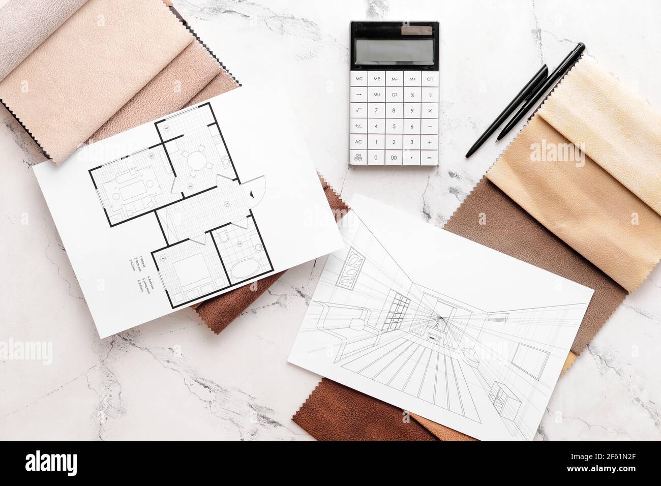 House plans, fabric samples and calculator on light background Stock ...