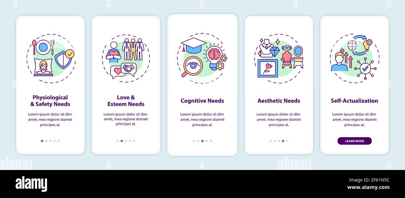 Human being needs onboarding mobile app page screen with concepts Stock Vector