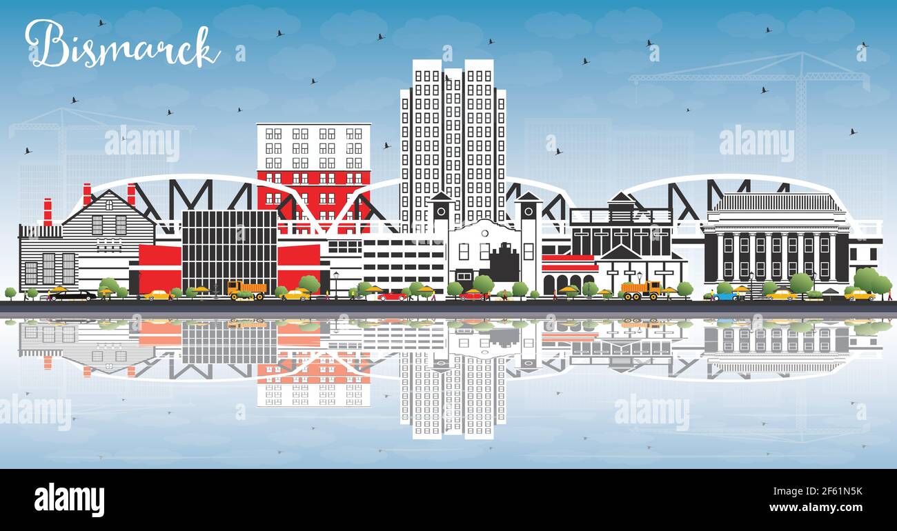 Bismarck North Dakota City Skyline with Color Buildings, Blue Sky and Reflections. Vector Illustration. Bismarck USA Cityscape with Landmarks. Stock Vector