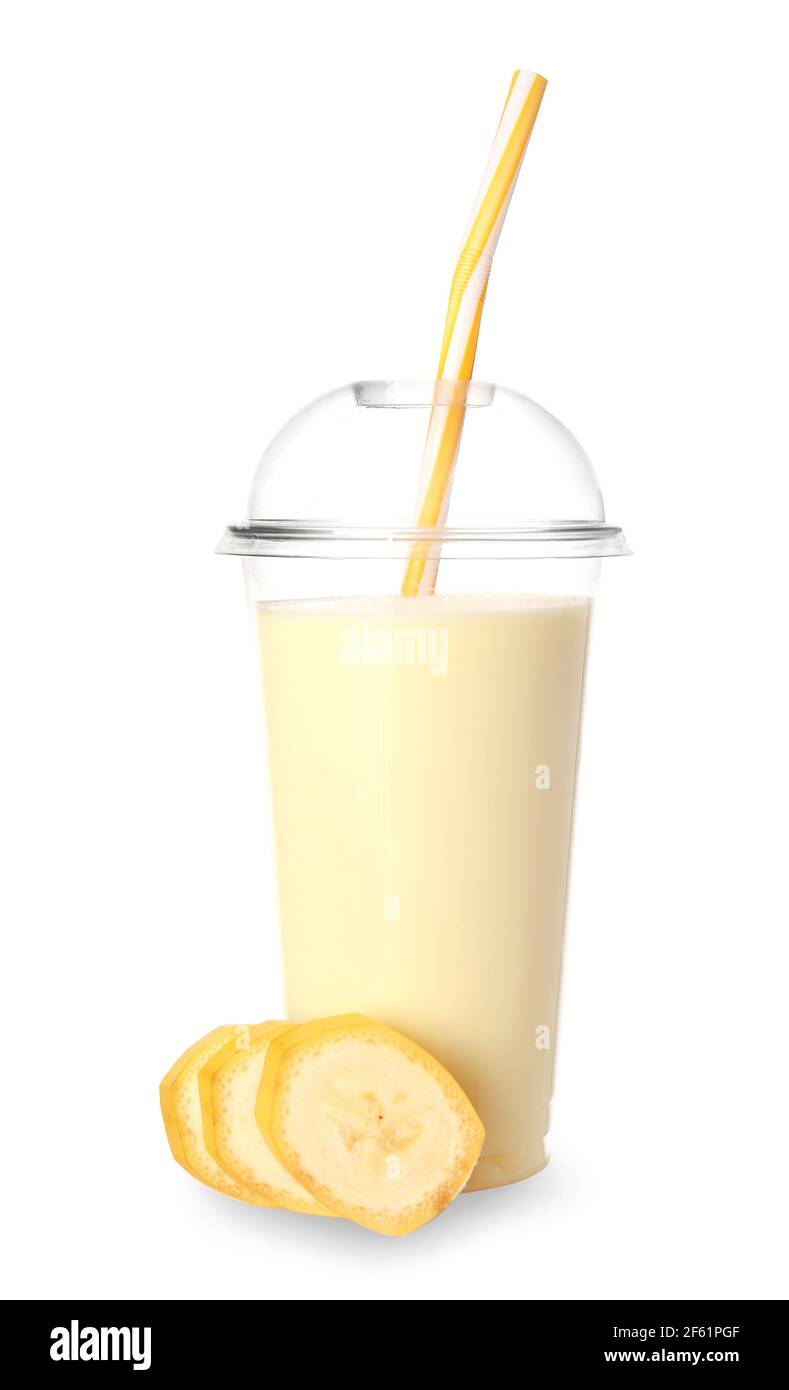 https://c8.alamy.com/comp/2F61PGF/plastic-cup-of-tasty-banana-milkshake-on-white-background-2F61PGF.jpg