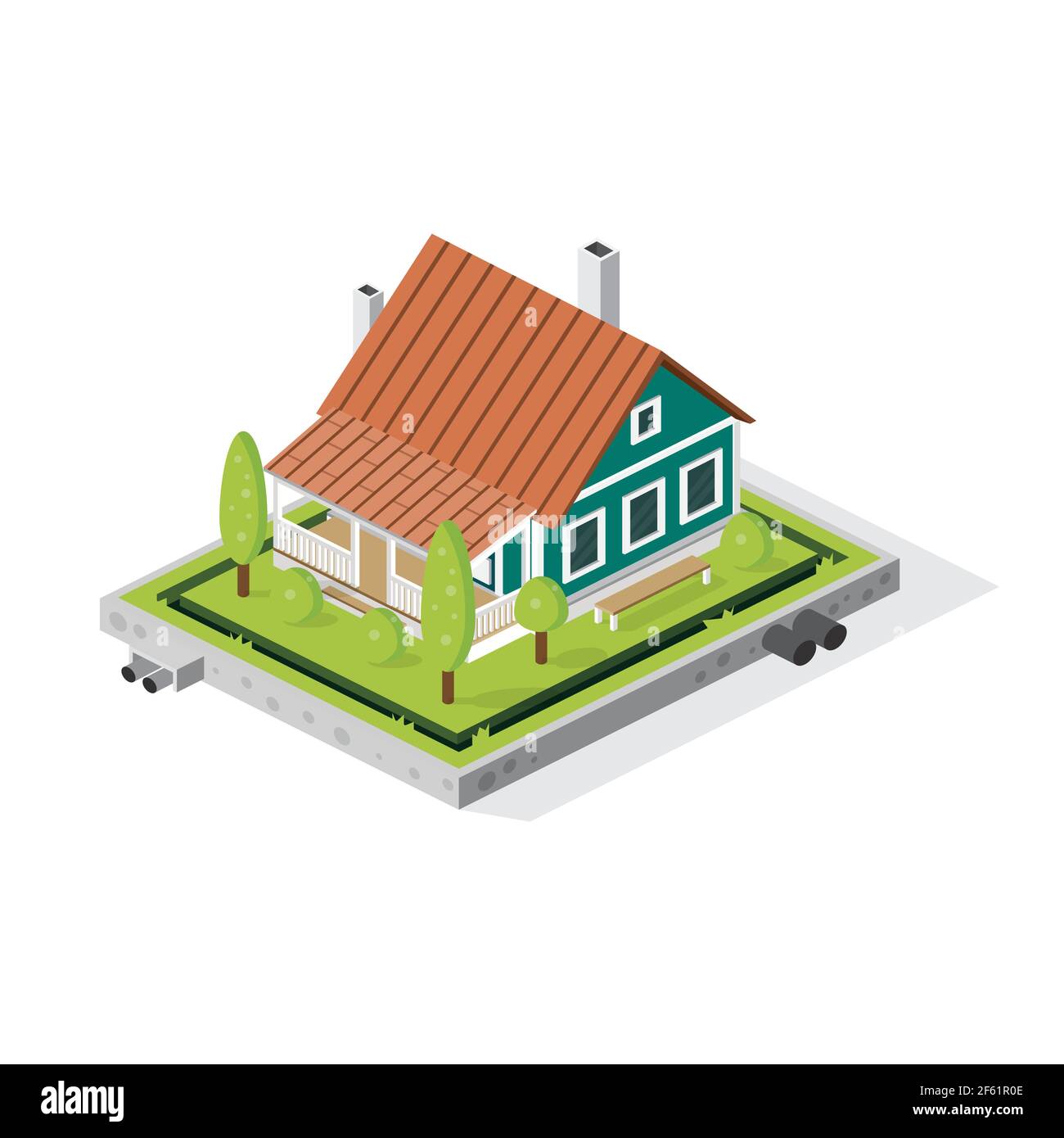 Isometric Residential City Building with Trees and Green Grass on Courtyard. Rural or Suburban House Isolated on White. American Cottage. Stock Vector