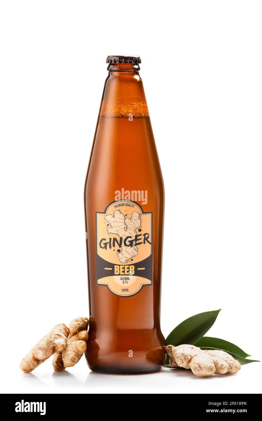 Bottle of fresh ginger beer on white background Stock Photo