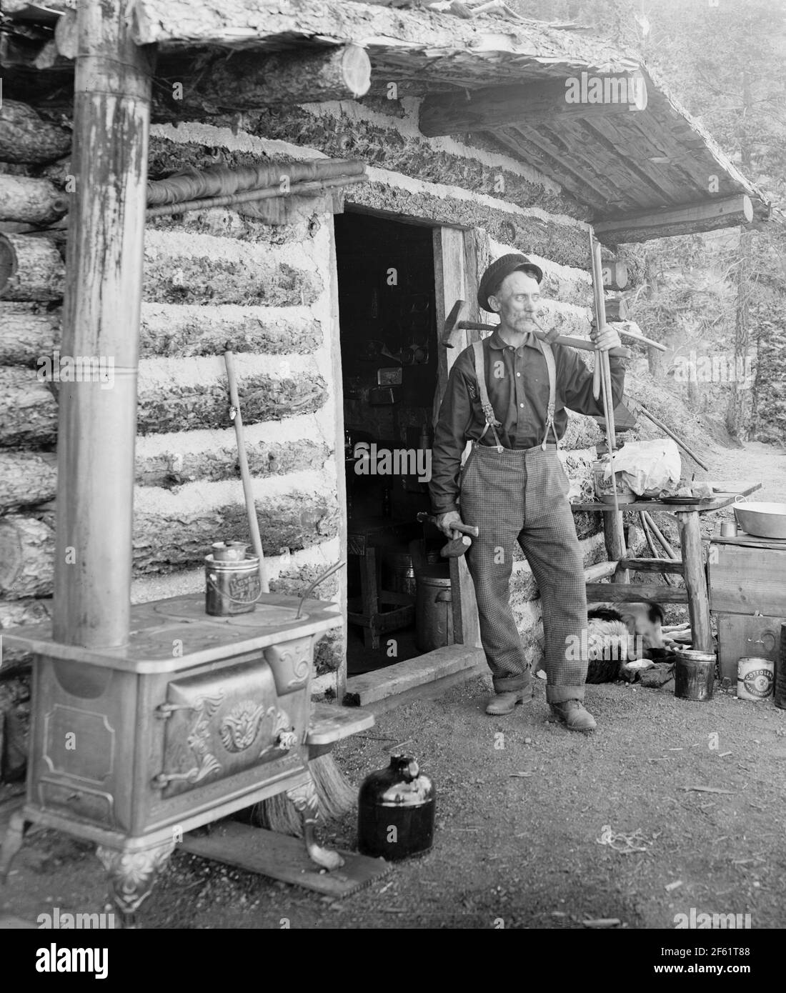 Pike's Peak Prospector and Log Cabin, 1900 Stock Photo