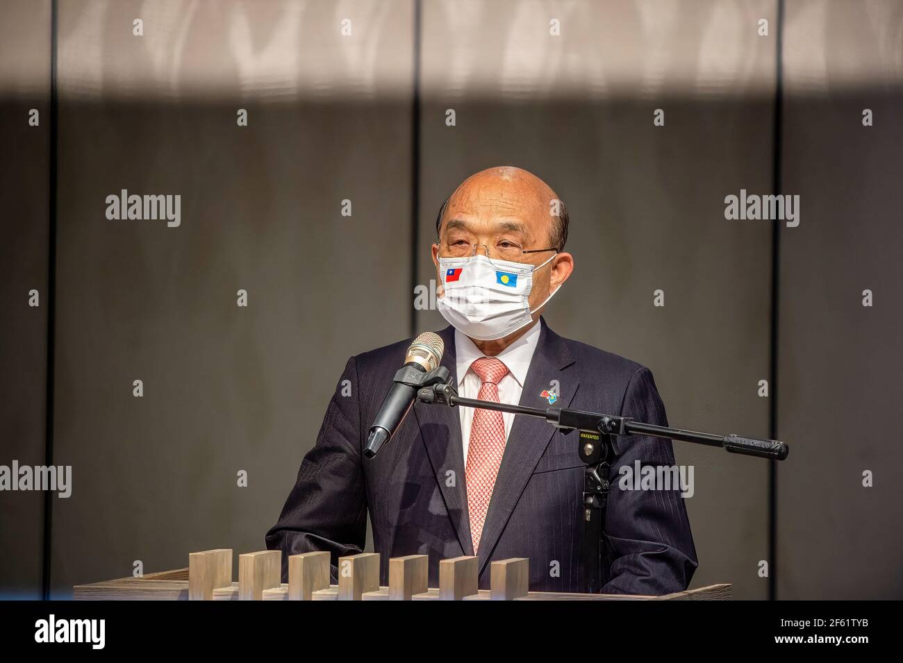 Taipei, Taiwan. 29th Mar, 2021. Premier Su Tseng-chang speaks during a State Banquet held by the Executive Yuan in Taipei.Palau President is in Taiwan for a five-day visit from 28 March to 01 April to launch a 'travel bubble', allowing travel between Taiwan and Palau with fewer COVID-19 restrictions. (Photo by Lin Yen Ting/SOPA Images/Sipa USA) Credit: Sipa USA/Alamy Live News Stock Photo