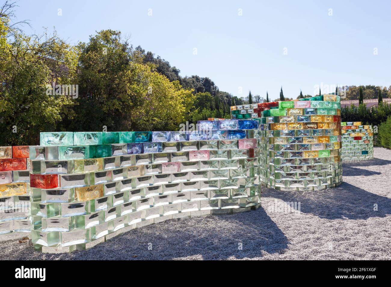 A section of the glass block wall Qwalala, by Pae White on the island of San Giorgio Maggiore in Venice, Italy  for Biennale 2017,.  Each block is han Stock Photo