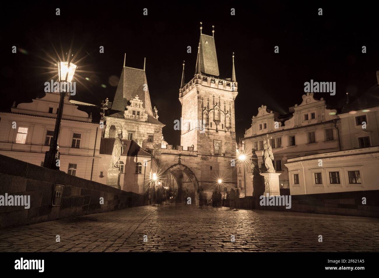 Czech Republic, Prague. Night view of the Charles Bridge in the style of an old photo Stock Photo
