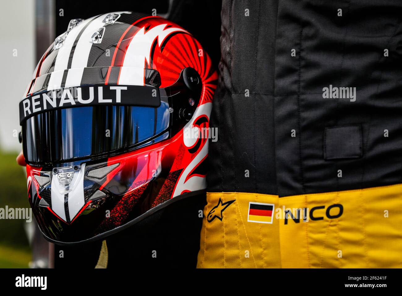 The helmet of Nico Hulkenberg (GER) Renault Sport F1 Team. 23.03.2017.  Formula 1 World Championship, Rd 1, Australian Grand Prix, Albert Park,  Melbourne, Australia, Preparation Day. Photo credit should read: XPB/Press  Association