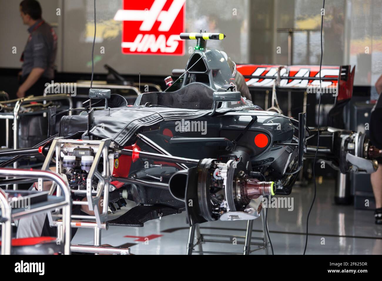 GROSJEAN Romain (fra) Haas VF-17 Ferrari Haas F1 team car inside the box 2017 Formula 1 FIA world championship, Spain Grand Prix, at Barcelona Catalunya from May 11 to 14 - Photo: Xavi Bonilla / DPPI Stock Photo