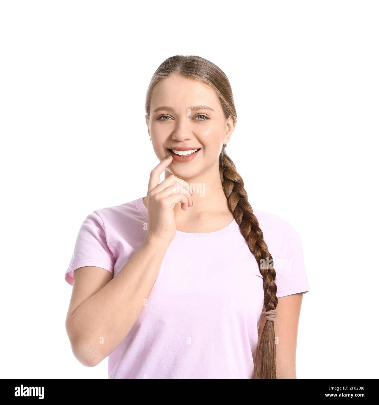 Beautiful smiling young woman on white background Stock Photo - Alamy