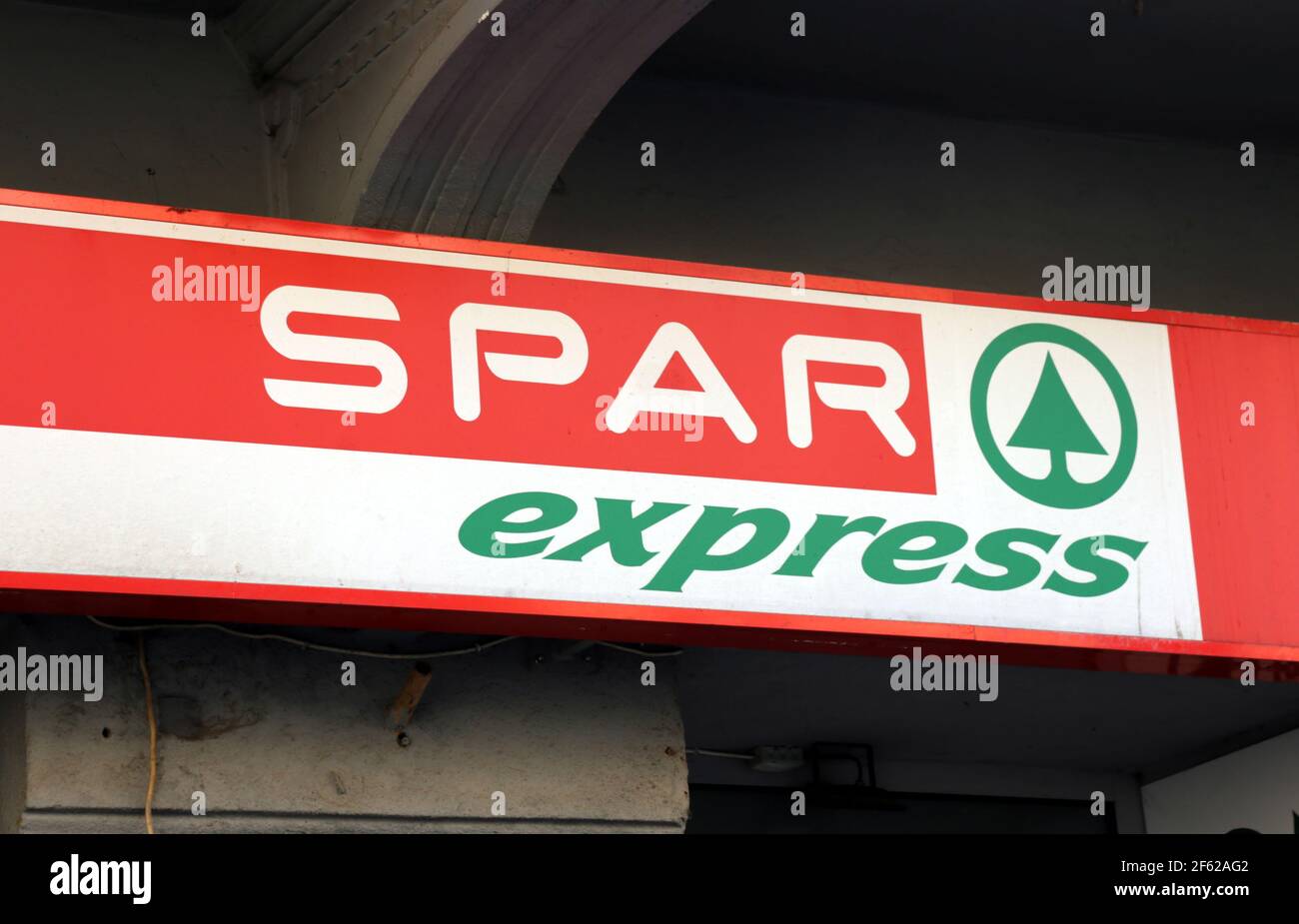 Cracow. Krakow. Poland. Spar Express grocery store logo on the facade of the shop. Stock Photo