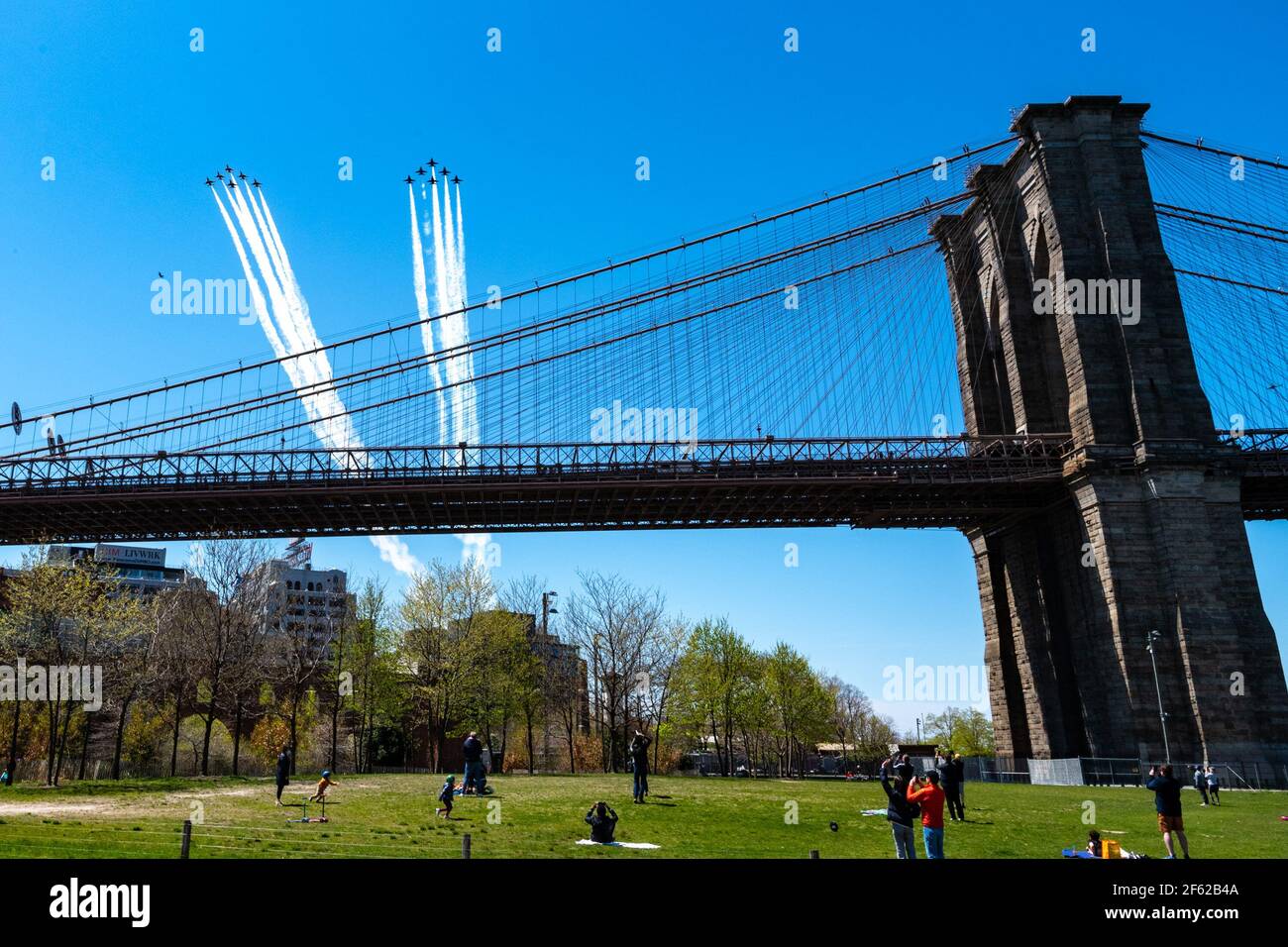 Blue Angels and Thunderbirds Flyover, Brooklyn Bridge Stock Photo