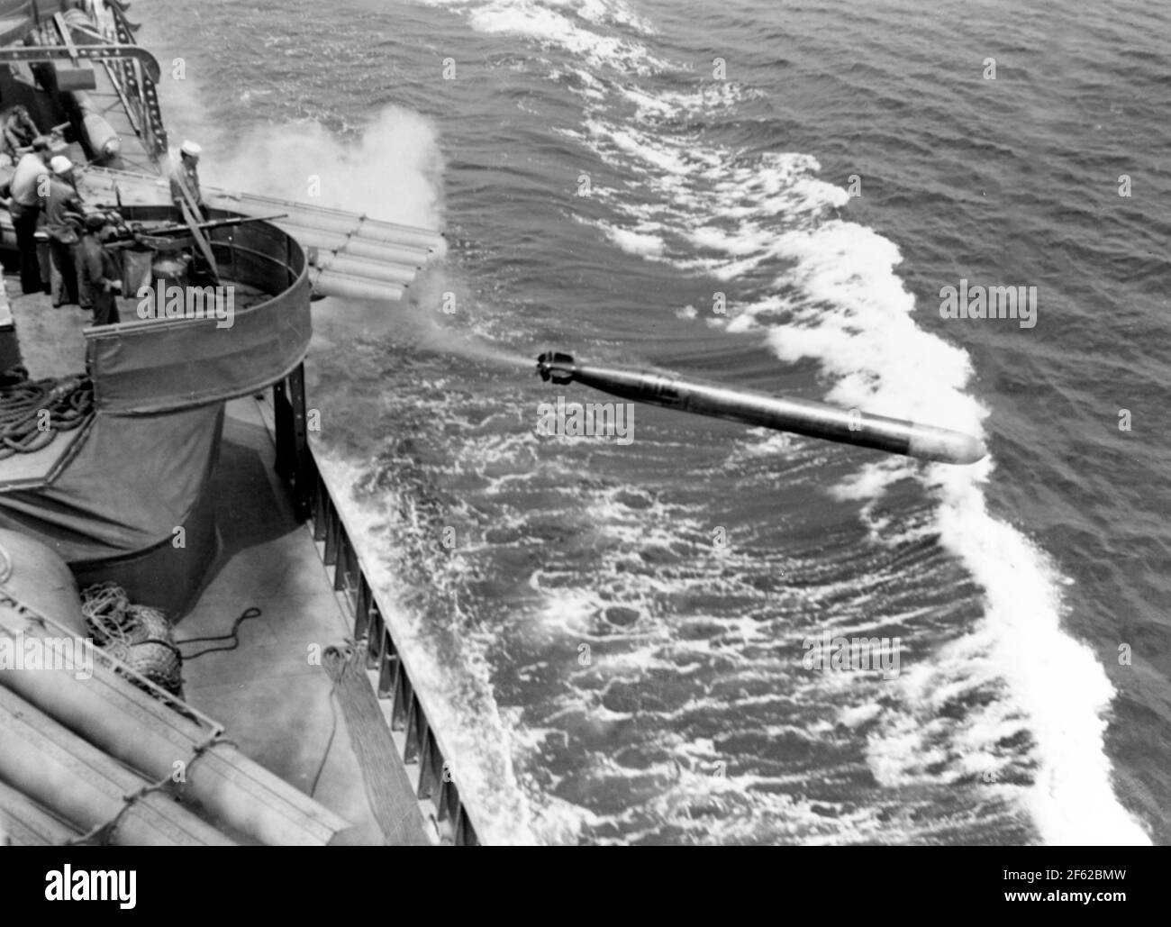WWII, USS Dunlap Firing Torpedo, 1942 Stock Photo