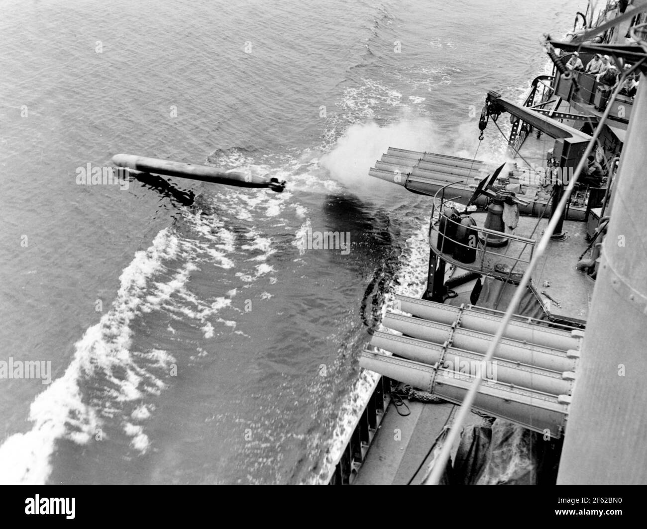 WWII, USS Dunlap Firing Torpedo, 1942 Stock Photo