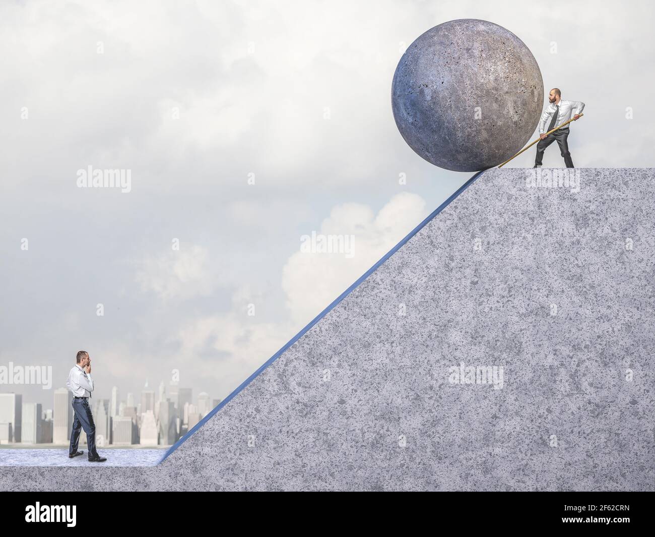 businessman pushes big concrete sphere towards the slope where there is another man. concept of unfair competition. Stock Photo