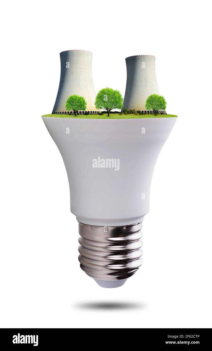 LED light bulb with nuclear power plant isolated on white background
