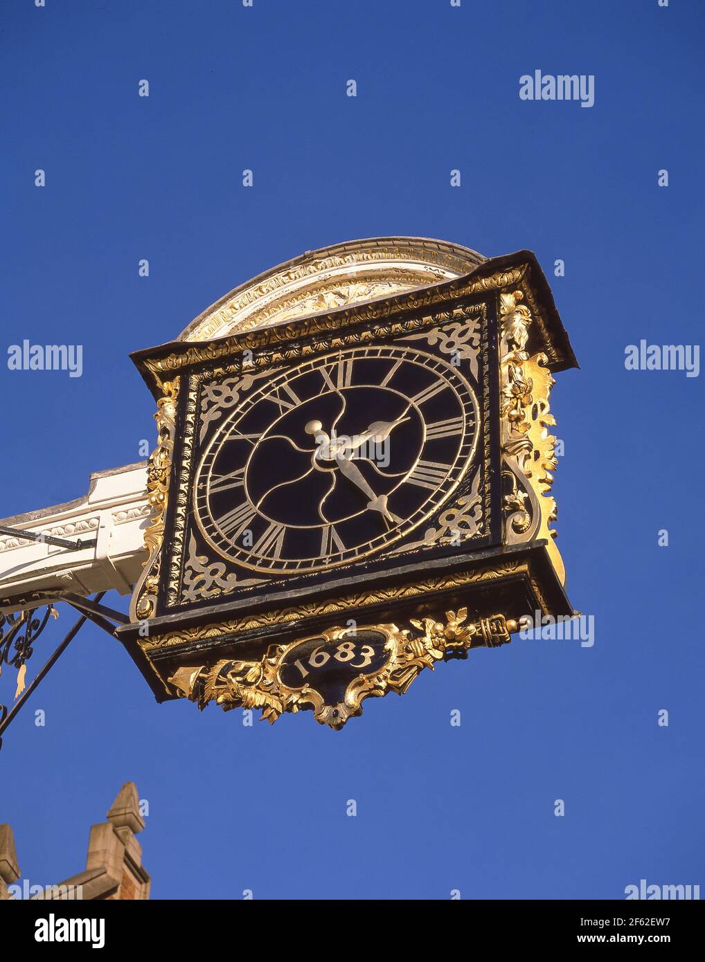 17th century Guildhall guilded clock, The High Street, Guildford, Surrey, England, United