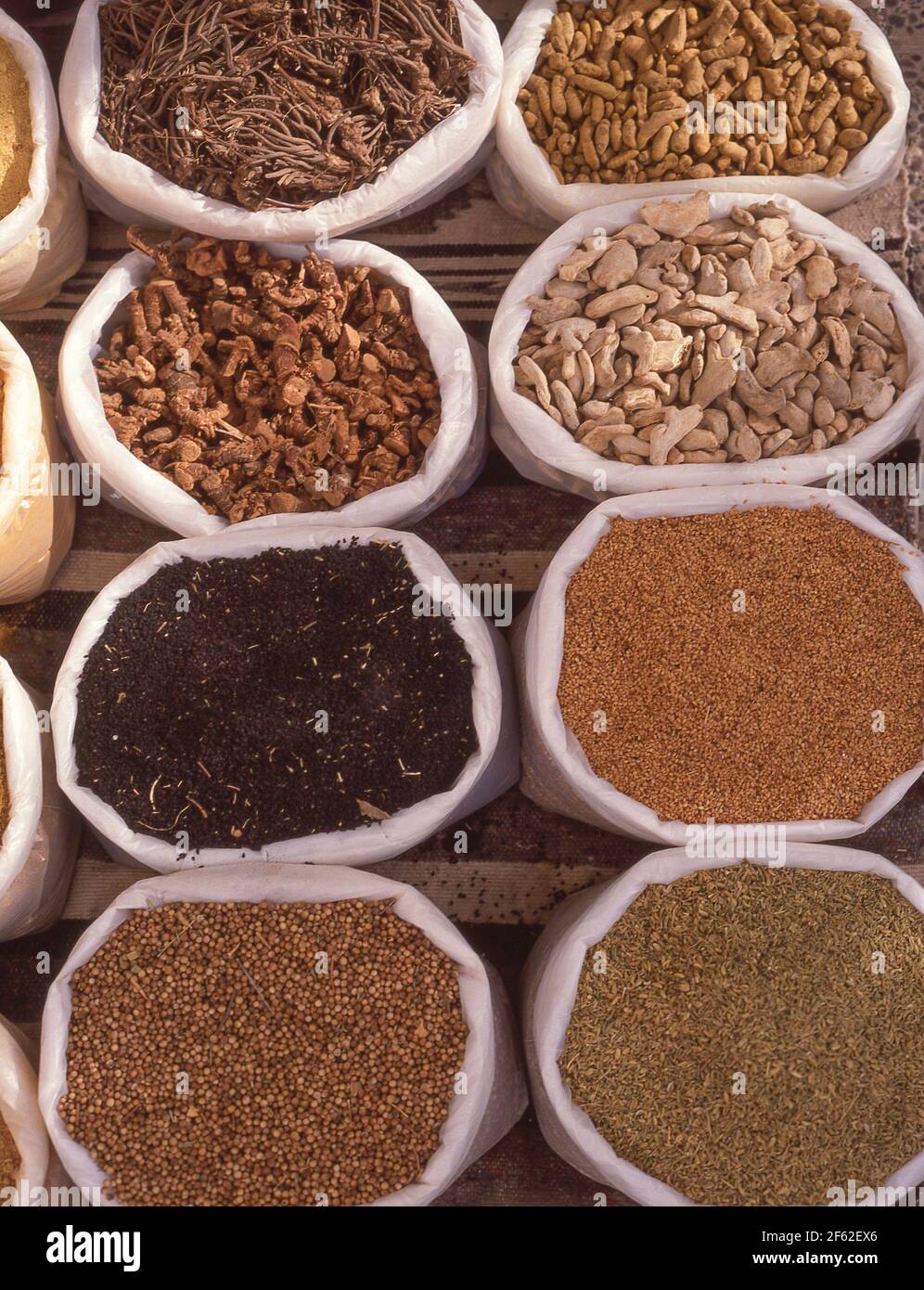 Sacks of spices, The Souk, Tangier, Tangier-Tétouan Region, Morocco Stock Photo