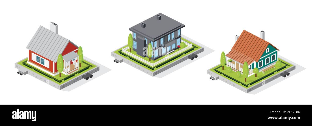 Residential House Buildings Set Isolated on White. Isometric Concept. Country Real Estate. Vector Illustration. Stock Vector