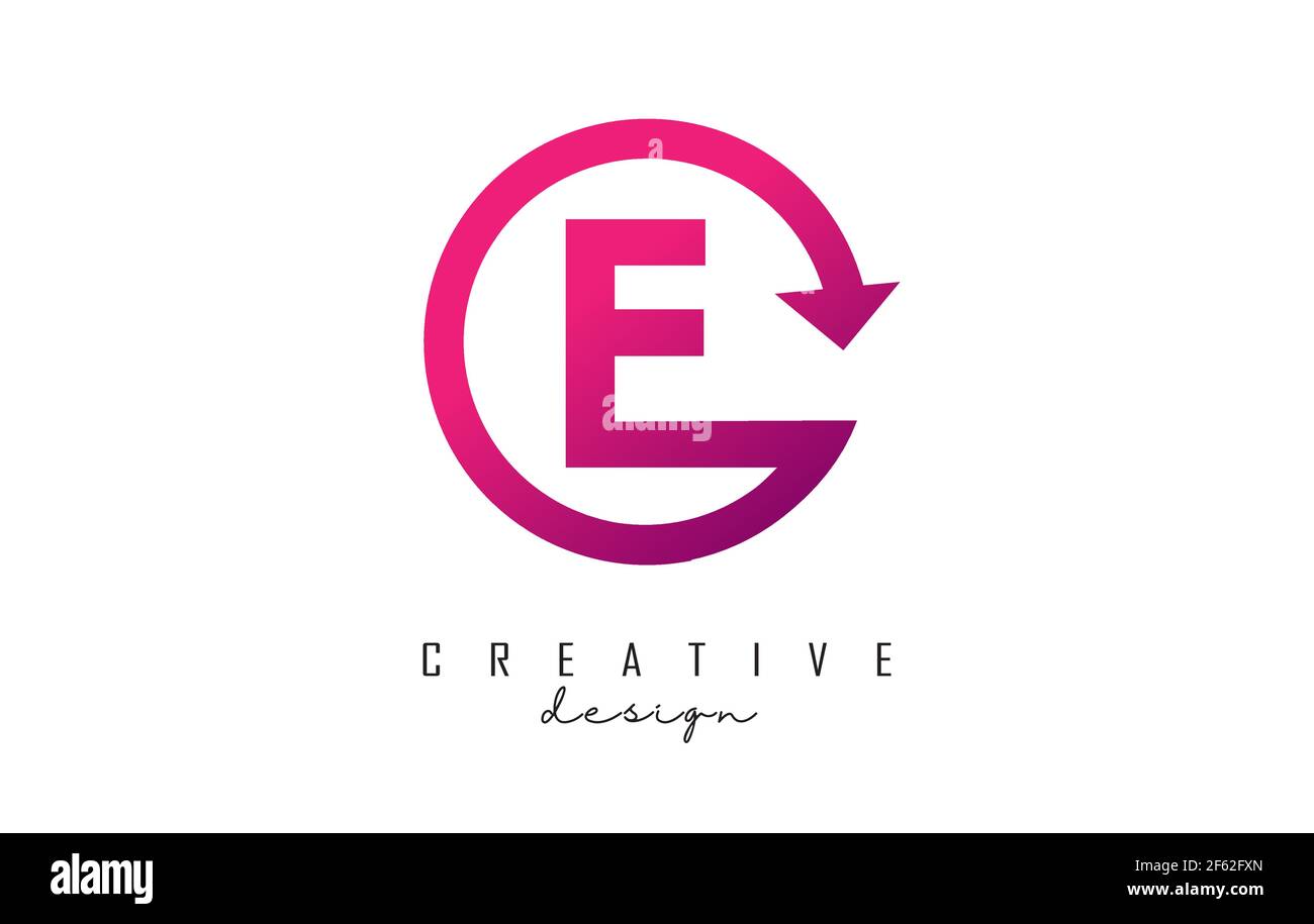 Pink E letter logo design with circle frame and arrow. Creative vector ...