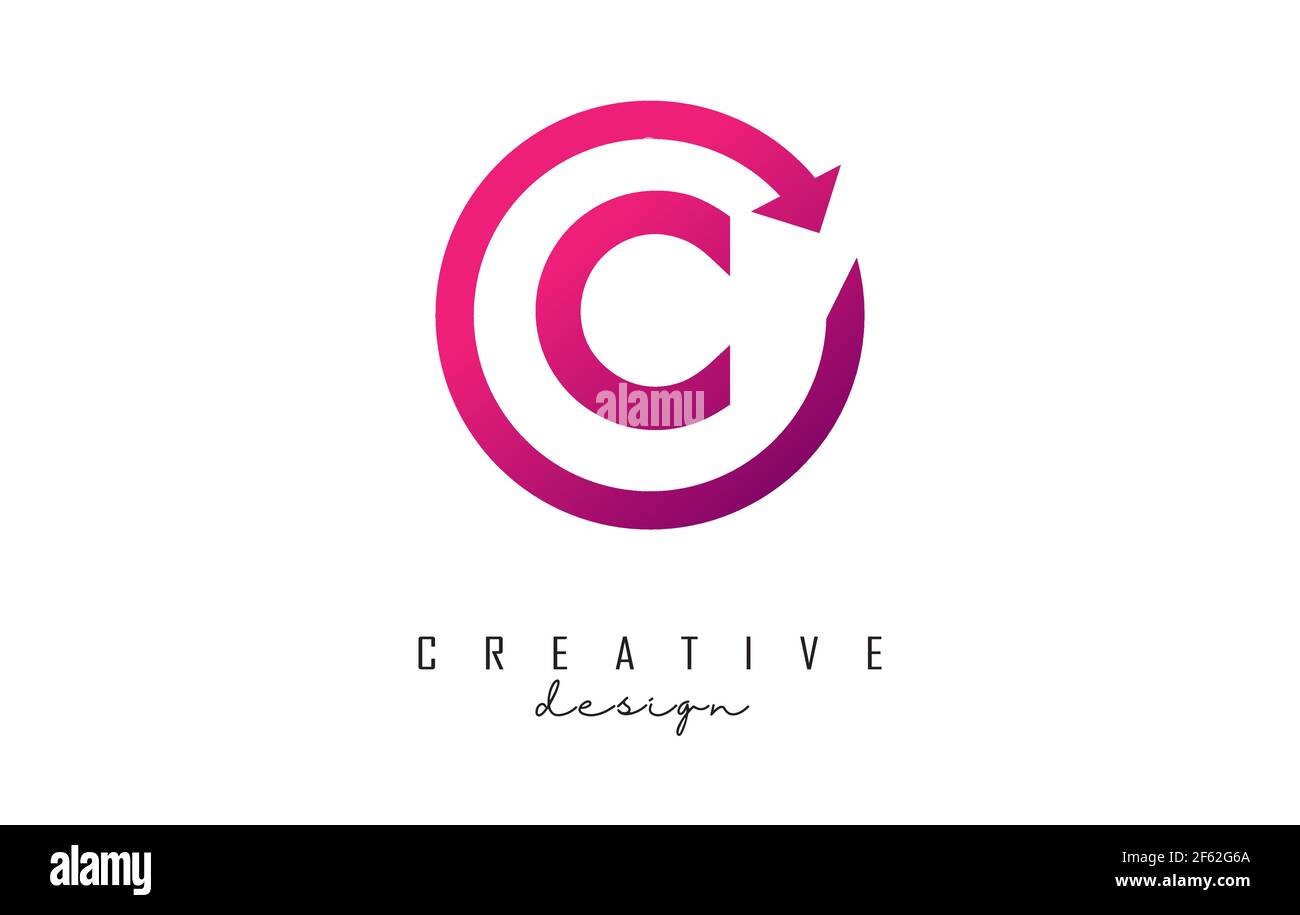 Pink C letter logo design with circle frame and arrow. Creative vector ...