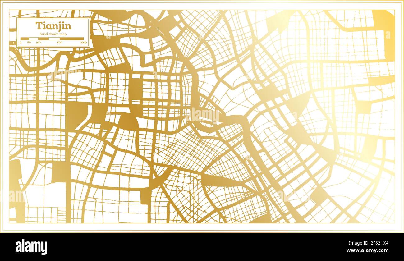 Tianjin China City Map in Retro Style in Golden Color. Outline Map. Vector Illustration. Stock Vector