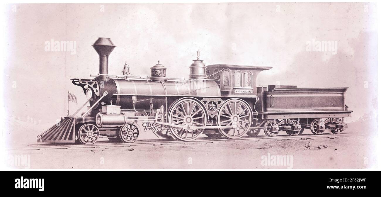 Eight wheeled locomotive  from a 19th century engraving.. Stock Photo