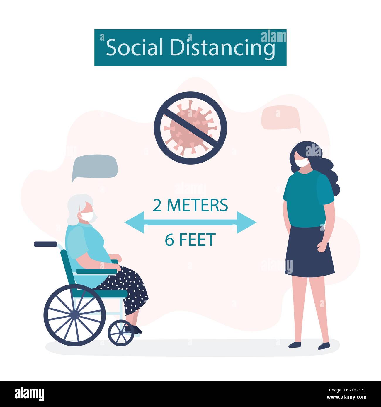 Social Distancing, two people keeping distance for infection risk and disease. 2 meters or 6 feet distance between humans. Covid-19 prevention banner. Stock Photo