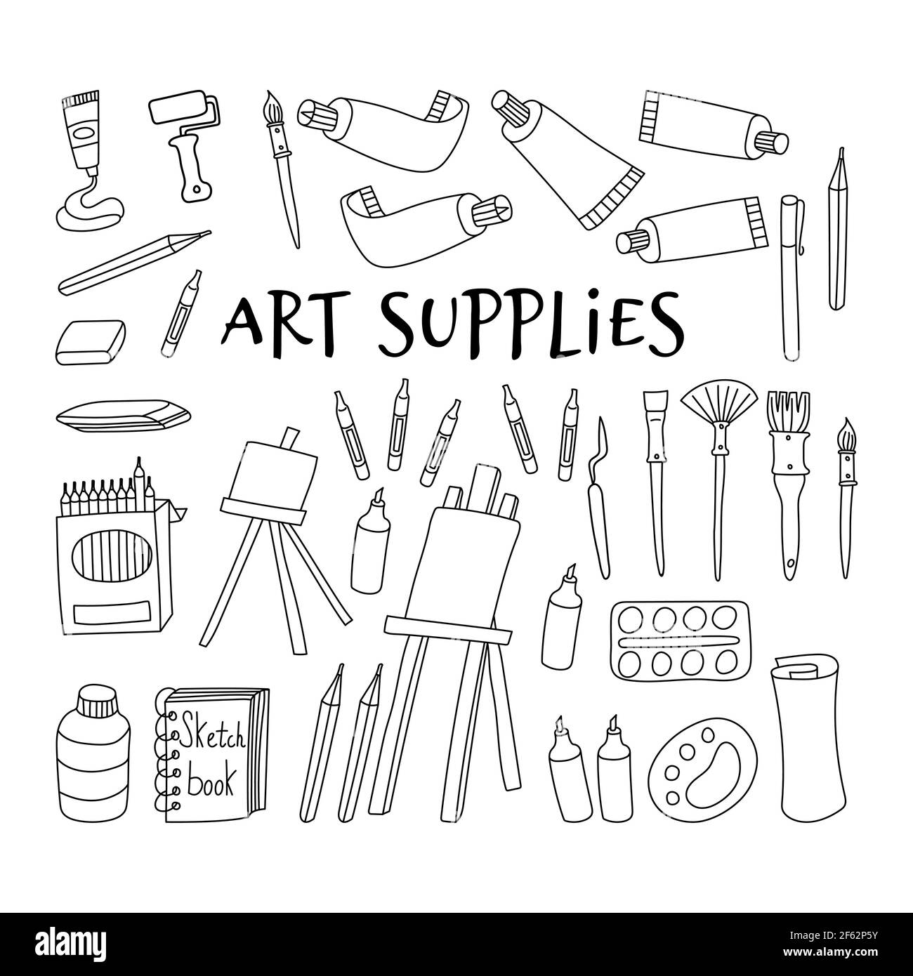 Art supplies collection. Hand drawn tools for painters isolated on white background. Vector illustration. Stock Vector