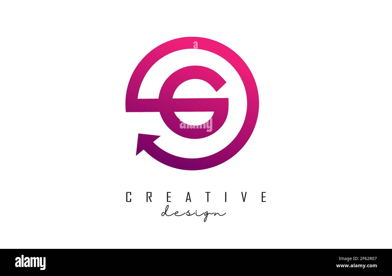 Pink G letter logo design with circle frame and arrow. Creative vector ...