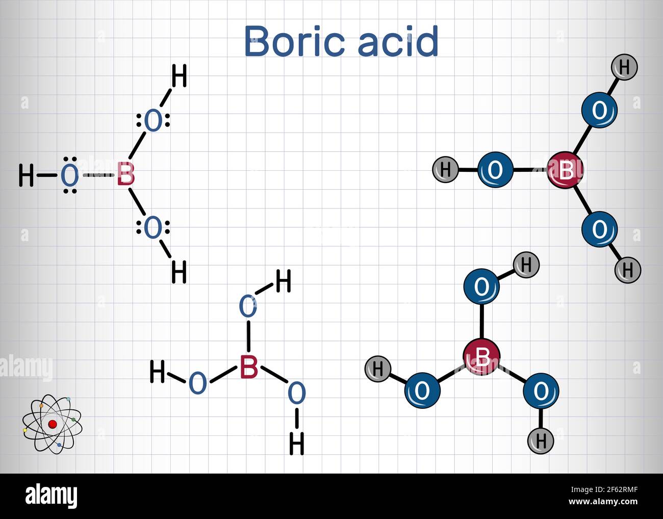 Boric acid, hydrogen borate, boracic acid, orthoboric acid molecule. It is hydrate of boric oxide with antiseptic, antifungal, antiviral properties. S Stock Vector