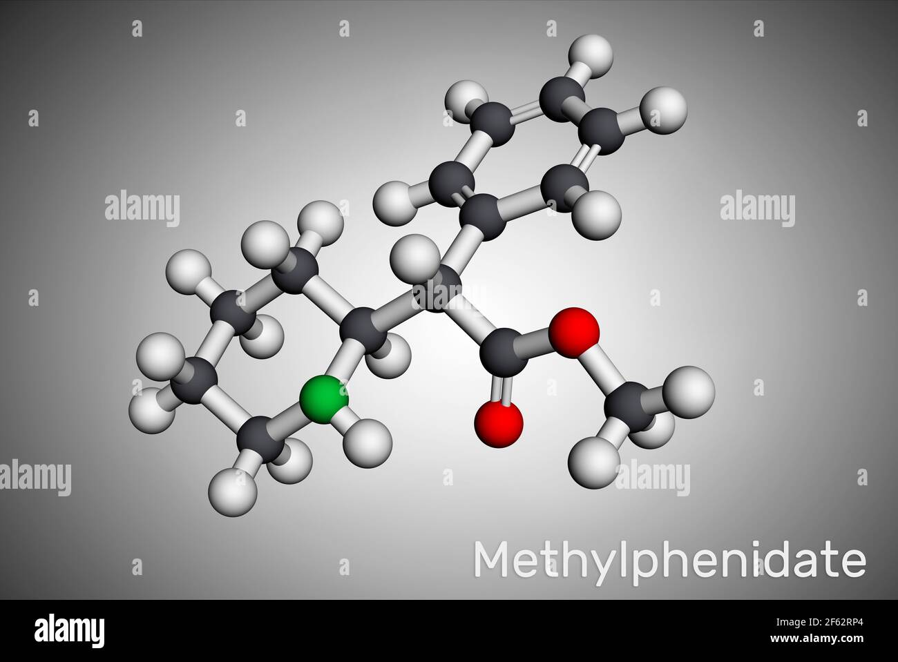 Methylphenidate, MP, MPH molecule. It is central nervous system stimulant. Used in treatment of Attention-Deficit Hyperactivity Disorder, ADHD. Molecu Stock Photo