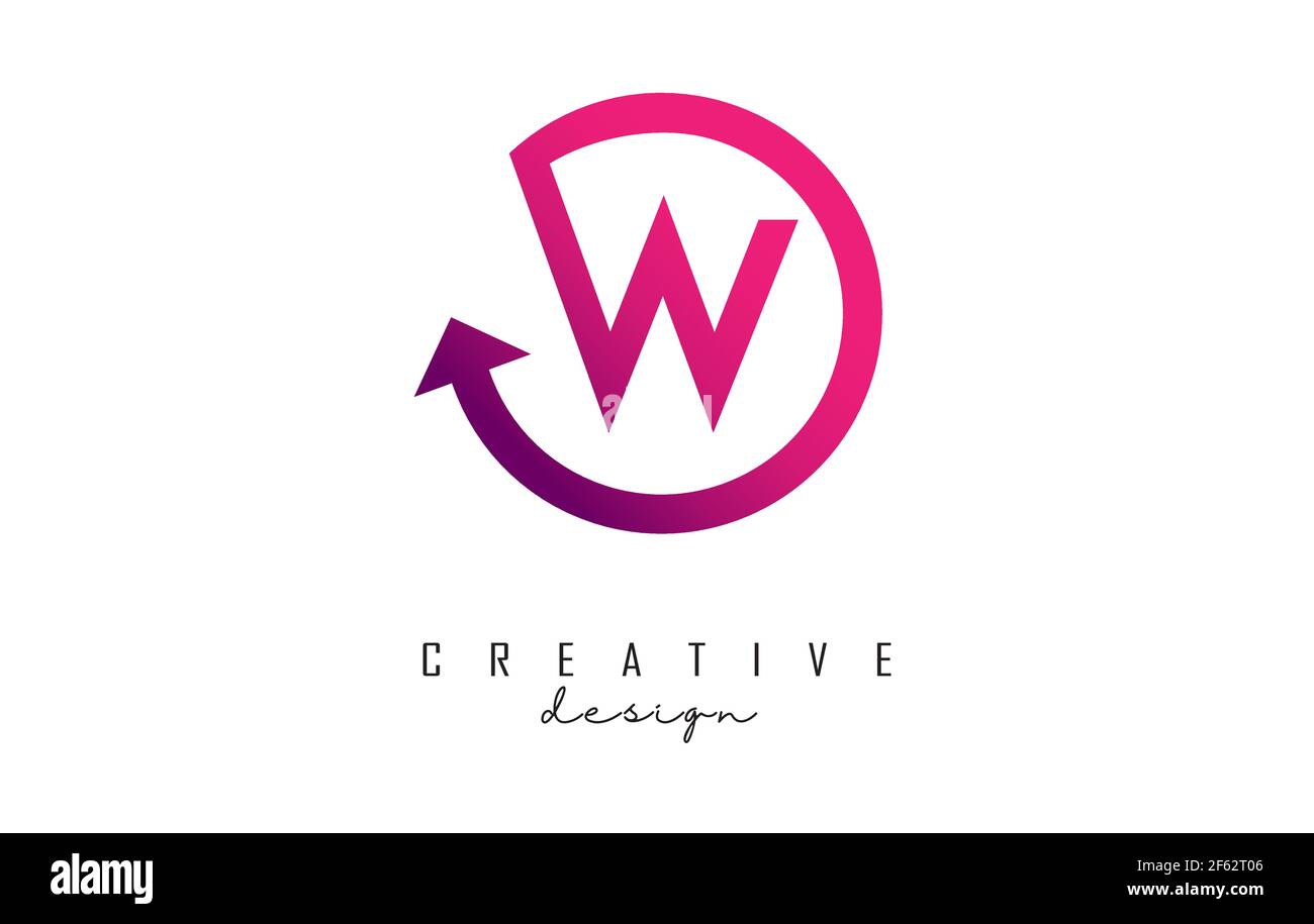Pink W letter logo design with circle frame and arrow. Creative vector ...