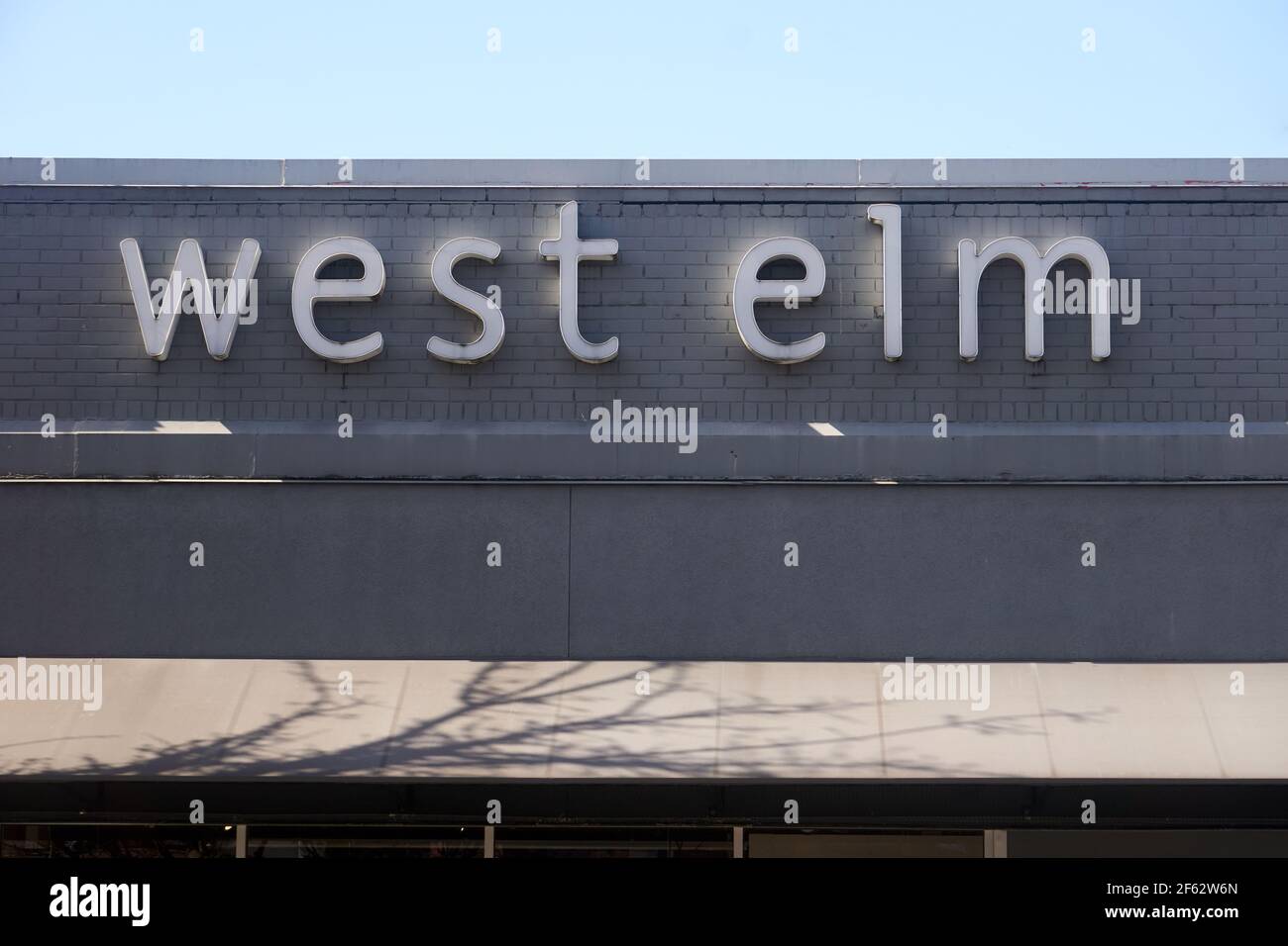 West Elm home decor store sign in the South Granville Street shopping district in Vancouver, British Columbia, Canada Stock Photo