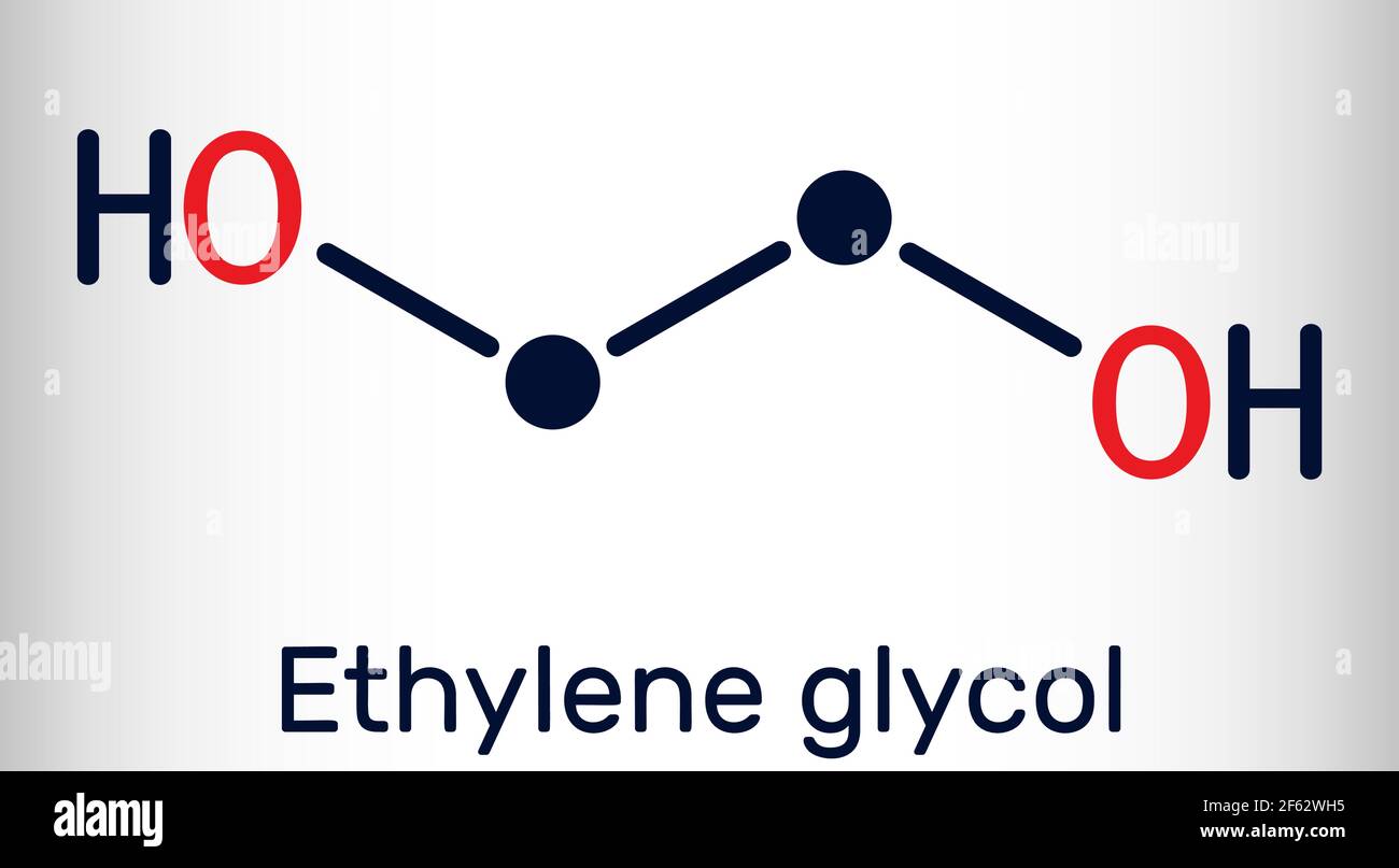 Ethylene glycol, diol molecule. It is used for manufacture of polyester fibers and for antifreeze formulations. Skeletal chemical formula. Vector illu Stock Vector