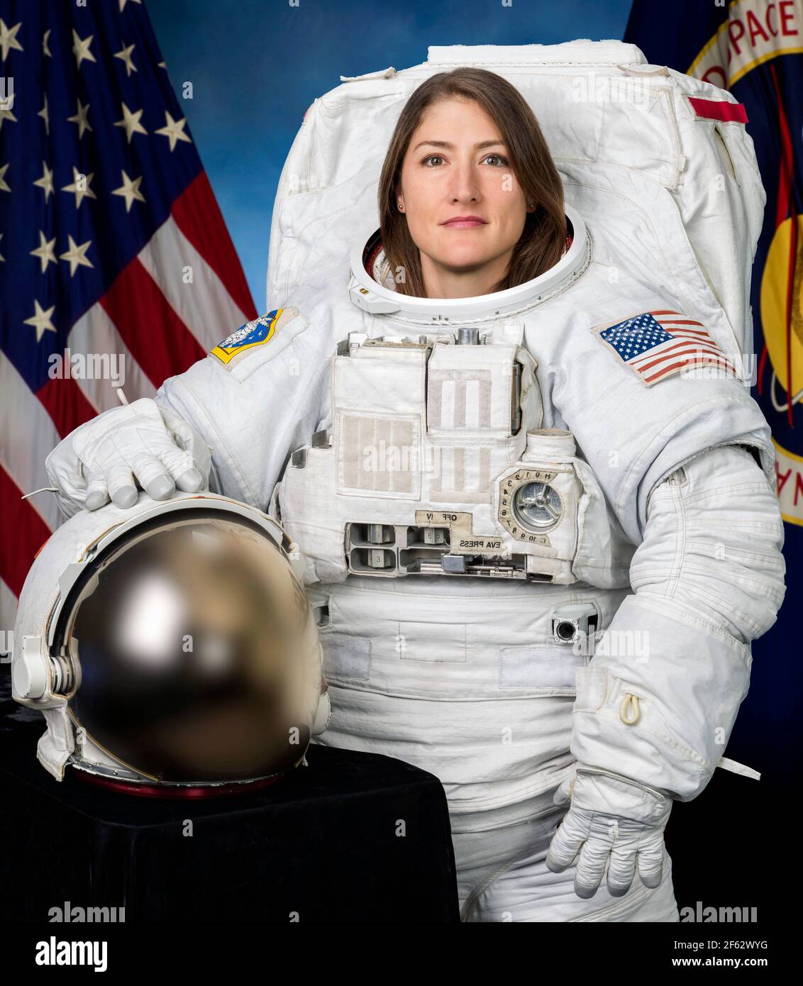 Christina Koch.  Portrait of the NASA astronaut, Christina Hammock Koch (b. 1979) wearing an Extravehicular Mobility Unit (EMU) suit. Photo courtesy of NASA, 2018 Stock Photo